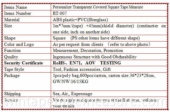 100cm / 39inch Mini-Quadrat-transparentes Maßband Schneiderei medizinische Werbeartikel China-Versorgungsmaterial-Masse mit Logo oder Namen